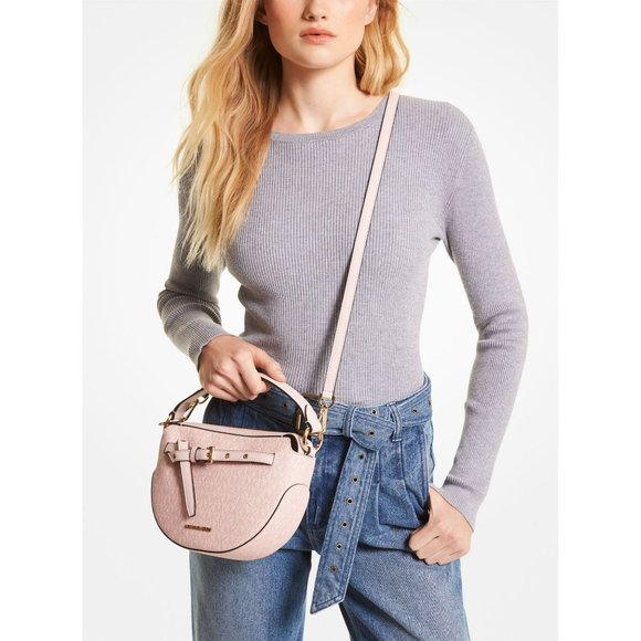 Michael Michael Kors Emilia Half Moon Crossbody Bag Dark Powder Blush Logo Pink - Picture 1 of 7
